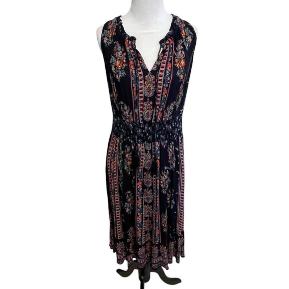 BILA Boho Midi Dress Womens Large Navy Floral Smocked Tasseled Peasant Folk - Picture 3 of 11